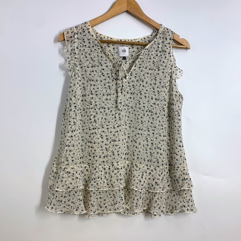 Cabi Womens Wishful Cream Floral Tie Neck‎ Ruffle Sleeve Tiered Hem Top Size S